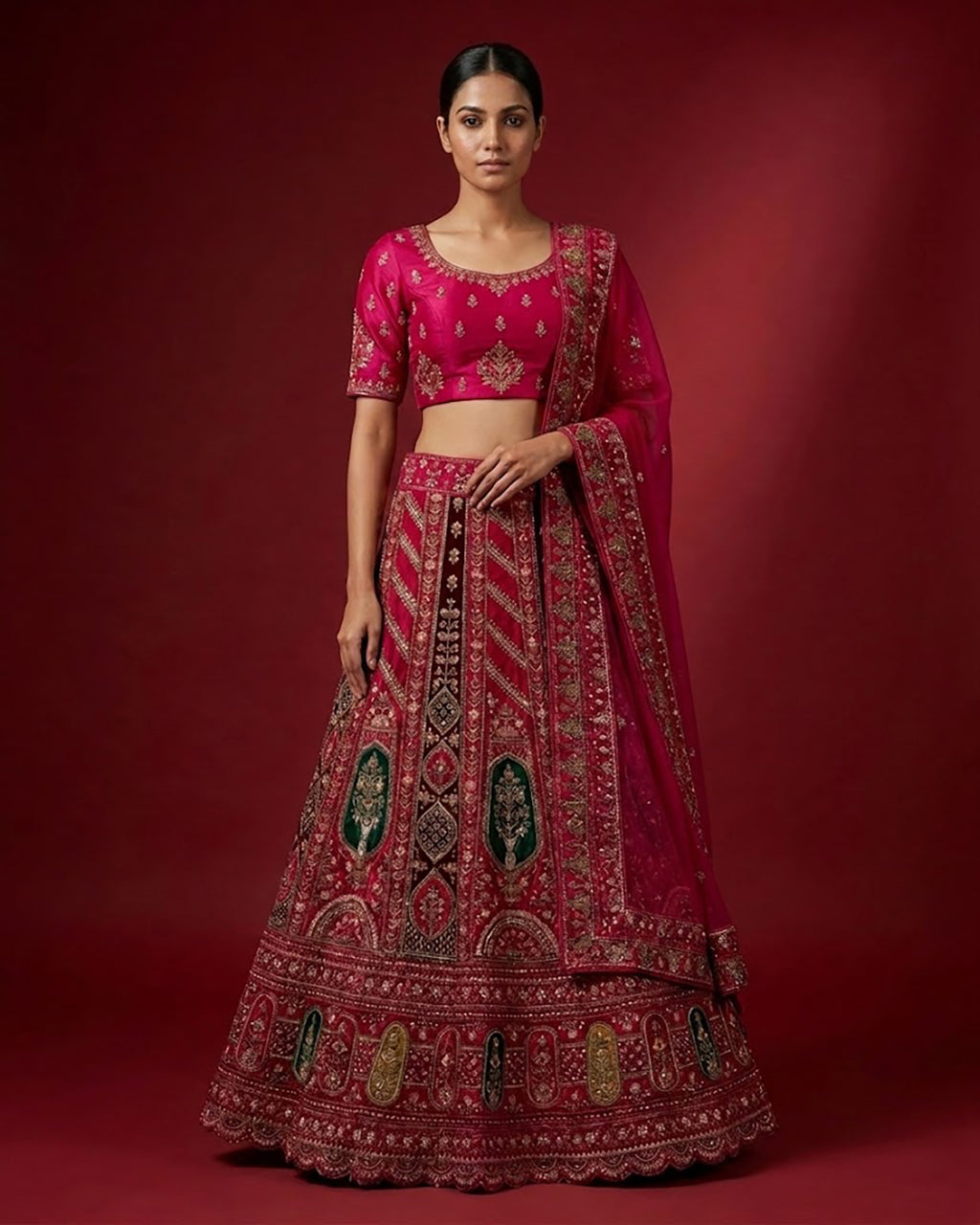Dark Pink Raw Silk Womens Lehenga set featuring Embroidered Choli paired with Dark Pink Embroidered Skirt with Embroidered Border and a Embroidered dupatta in Dark Pink