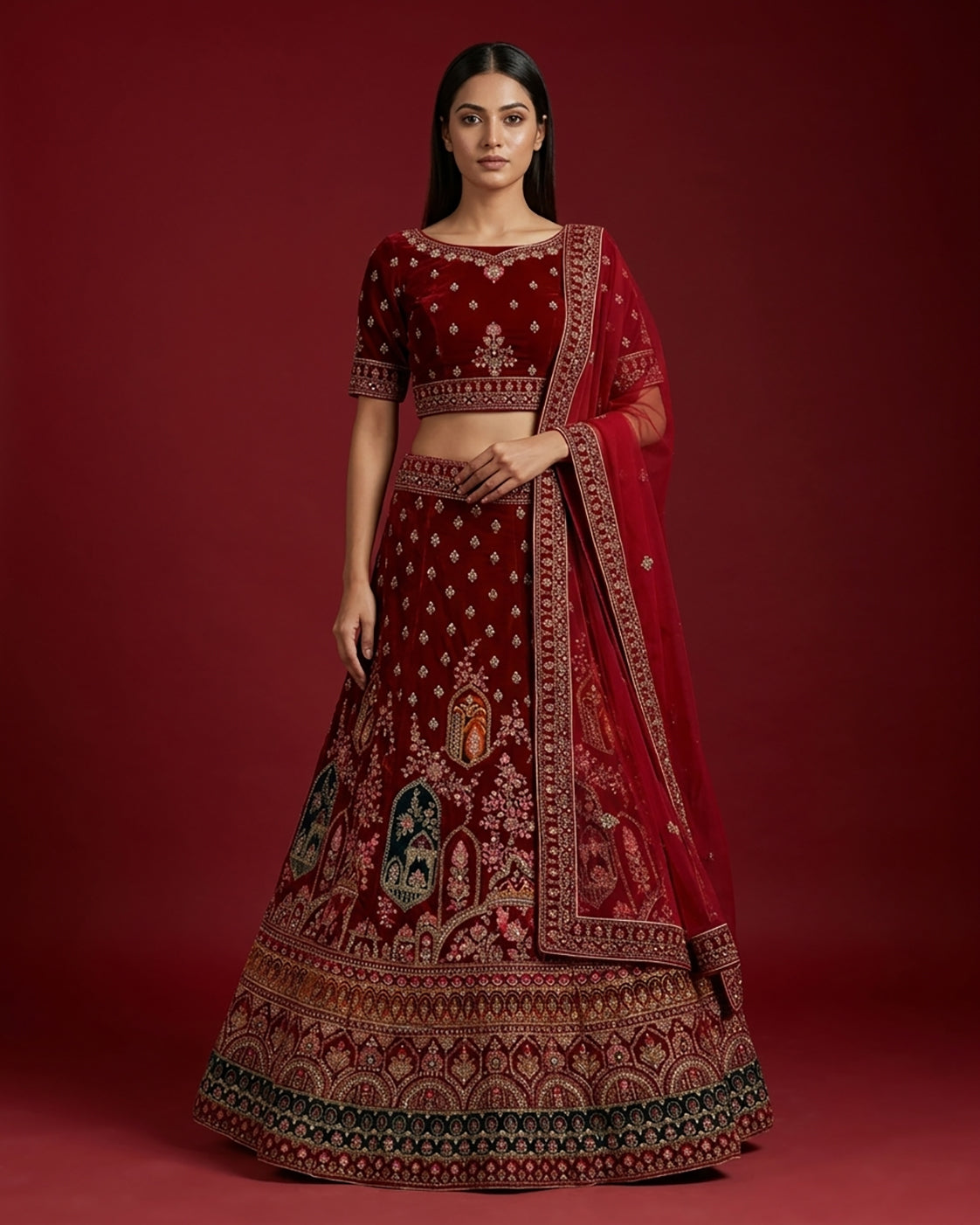 Dark Pink Banarasi Silk Womens Lehenga set featuring Embroidered Choli paired with Dark Pink Embroidered Skirt with Embroidered Border and a Embroidered dupatta in Dark Pink