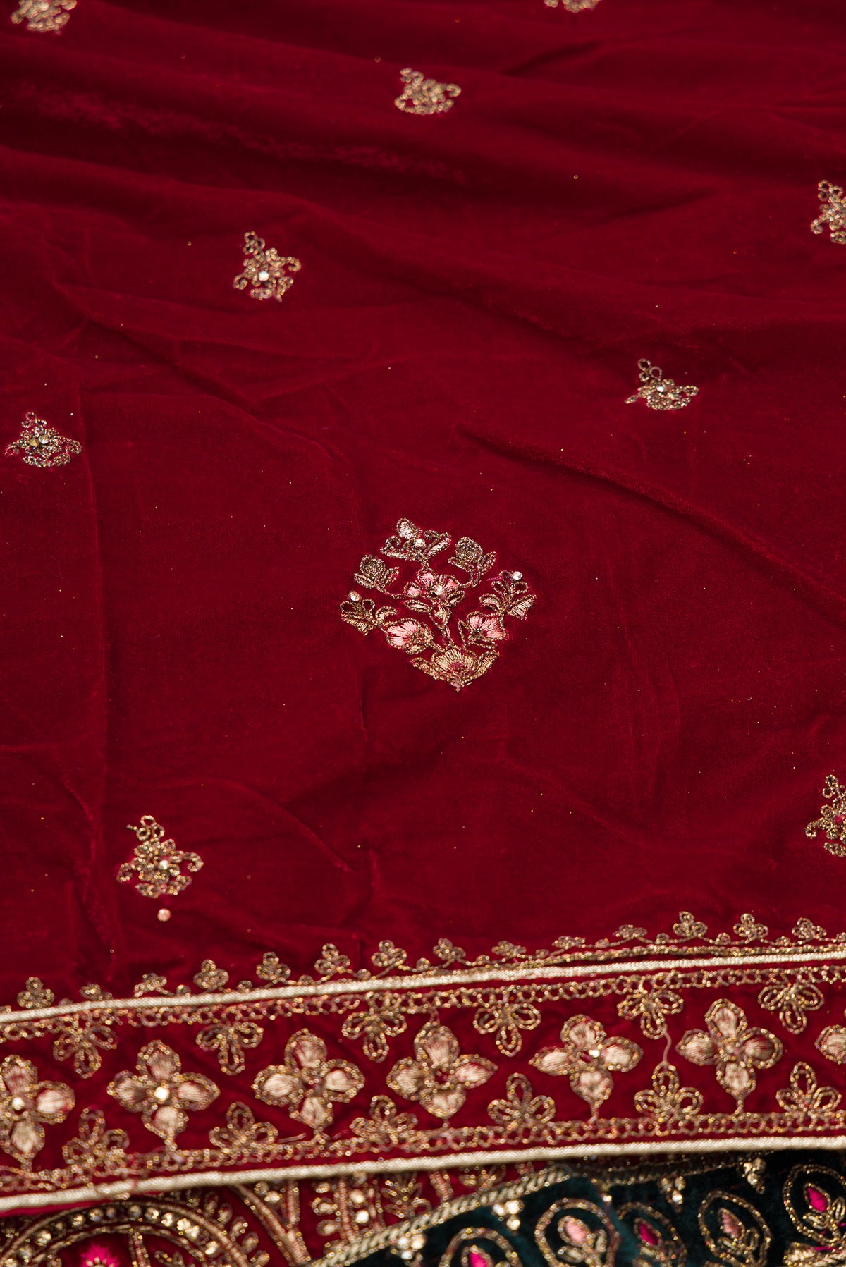 Close up blouse image of Dark Pink Banarasi Silk Womens Lehenga set featuring Embroidered Choli paired with Dark Pink Embroidered Skirt with Embroidered Border and a Embroidered dupatta in Dark Pink