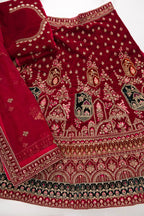 Flat lay of Dark Pink Banarasi Silk Womens Lehenga set featuring Embroidered Choli paired with Dark Pink Embroidered Skirt with Embroidered Border and a Embroidered dupatta in Dark Pink