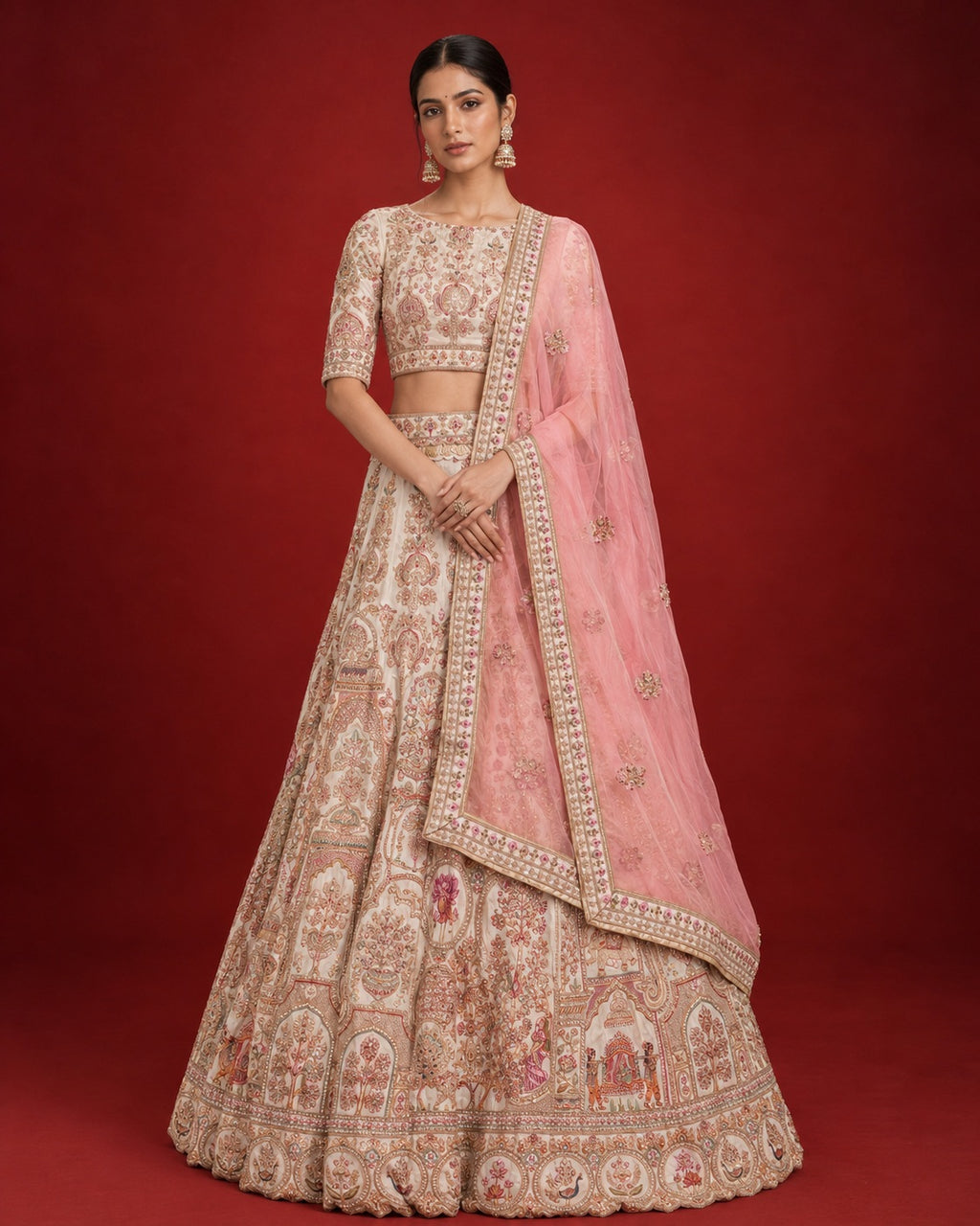 Sandal Net Womens Lehenga set featuring Embroidered Choli paired with Sandal Embroidered Skirt with Embroidered Border and a Embroidered dupatta in Rose pink.