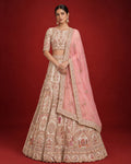 Sandal Net Womens Lehenga set featuring Embroidered Choli paired with Sandal Embroidered Skirt with Embroidered Border and a Embroidered dupatta in Rose pink.