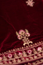 Close up blouse image of Maroon Banarasi Silk Womens Lehenga set featuring Embroidered Choli paired with Maroon Embroidered Skirt with Embroidered Border and a Embroidered dupatta in Maroon