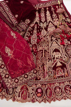Flat lay of Maroon Banarasi Silk Womens Lehenga set featuring Embroidered Choli paired with Maroon Embroidered Skirt with Embroidered Border and a Embroidered dupatta in Maroon