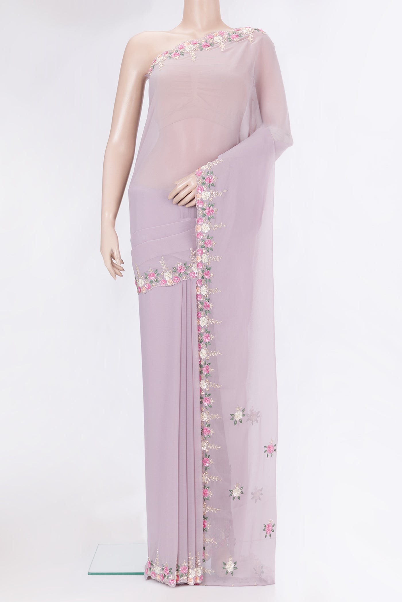 Lavender Georgette Saree with Plain Body and Sequin Border.  displayed on a mannequin