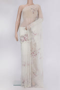 Off White Organza Saree with Embroidery on the body and Embroidery Border.  displayed on a mannequin