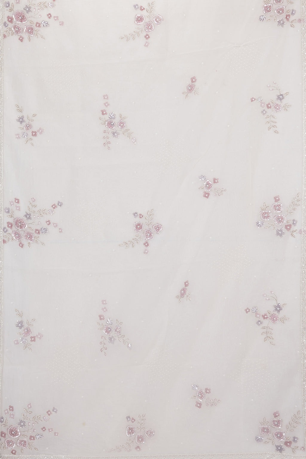 Flat view of Off White Organza Saree with Embroidery on the body and Embroidery Border. 