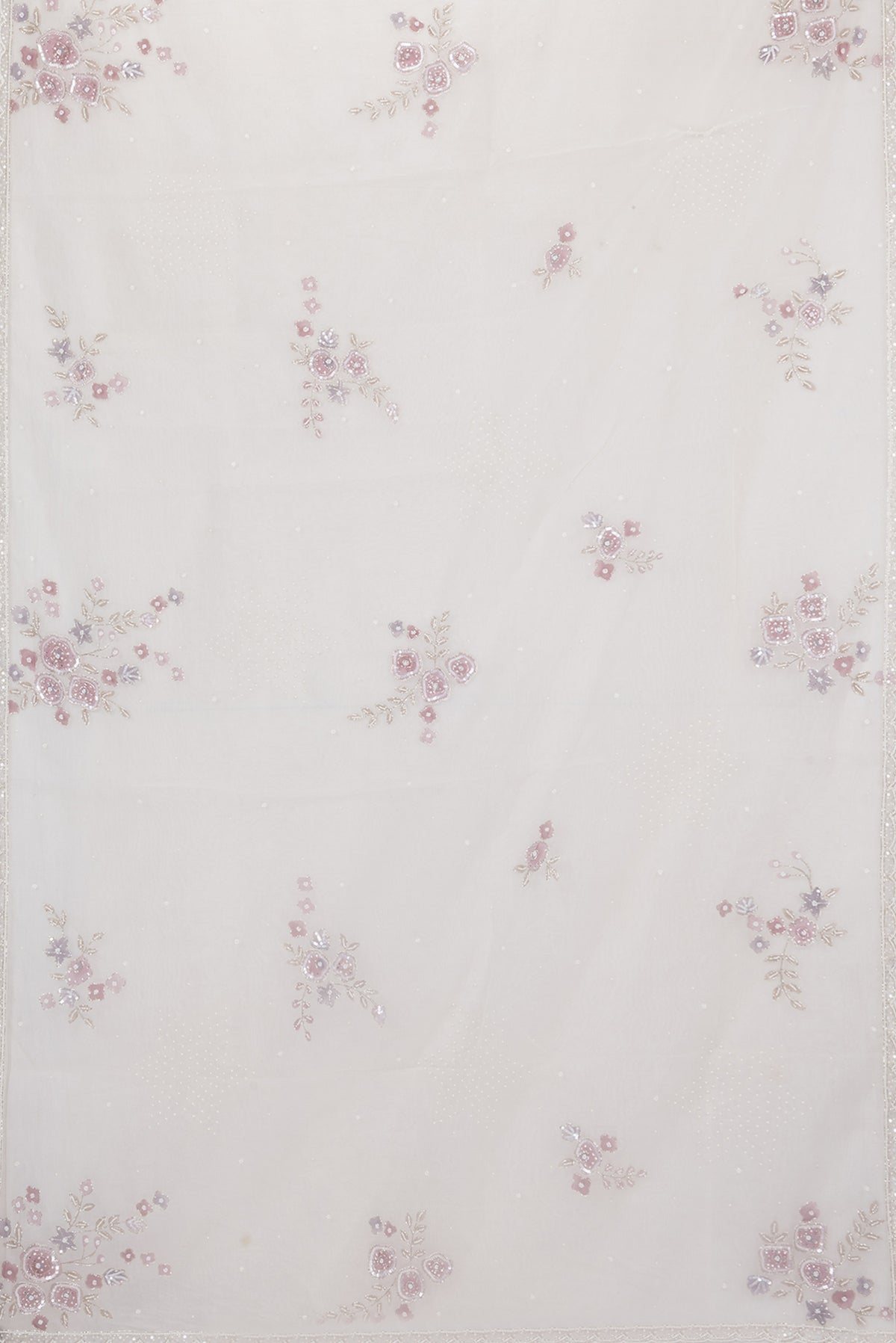 Flat view of Off White Organza Saree with Embroidery on the body and Embroidery Border. 