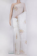 Off White Organza Saree with Embroidery on the body and Embroidery Border.  displayed on a mannequin