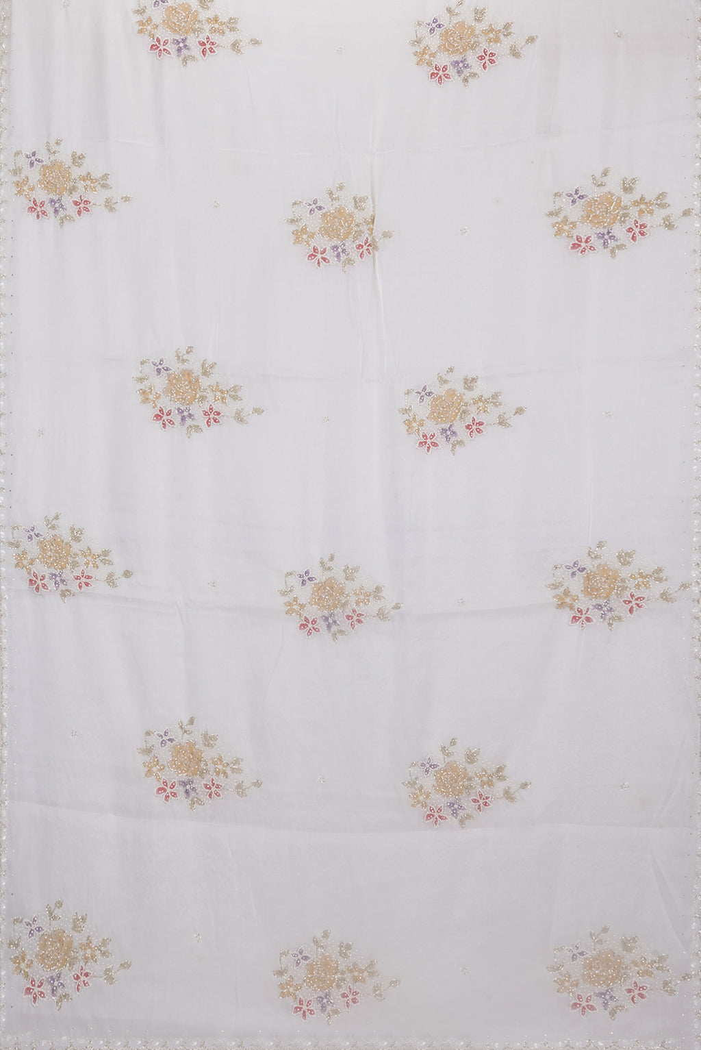 Flat view of Off White Organza Saree with Embroidery on the body and Embroidery Border. 