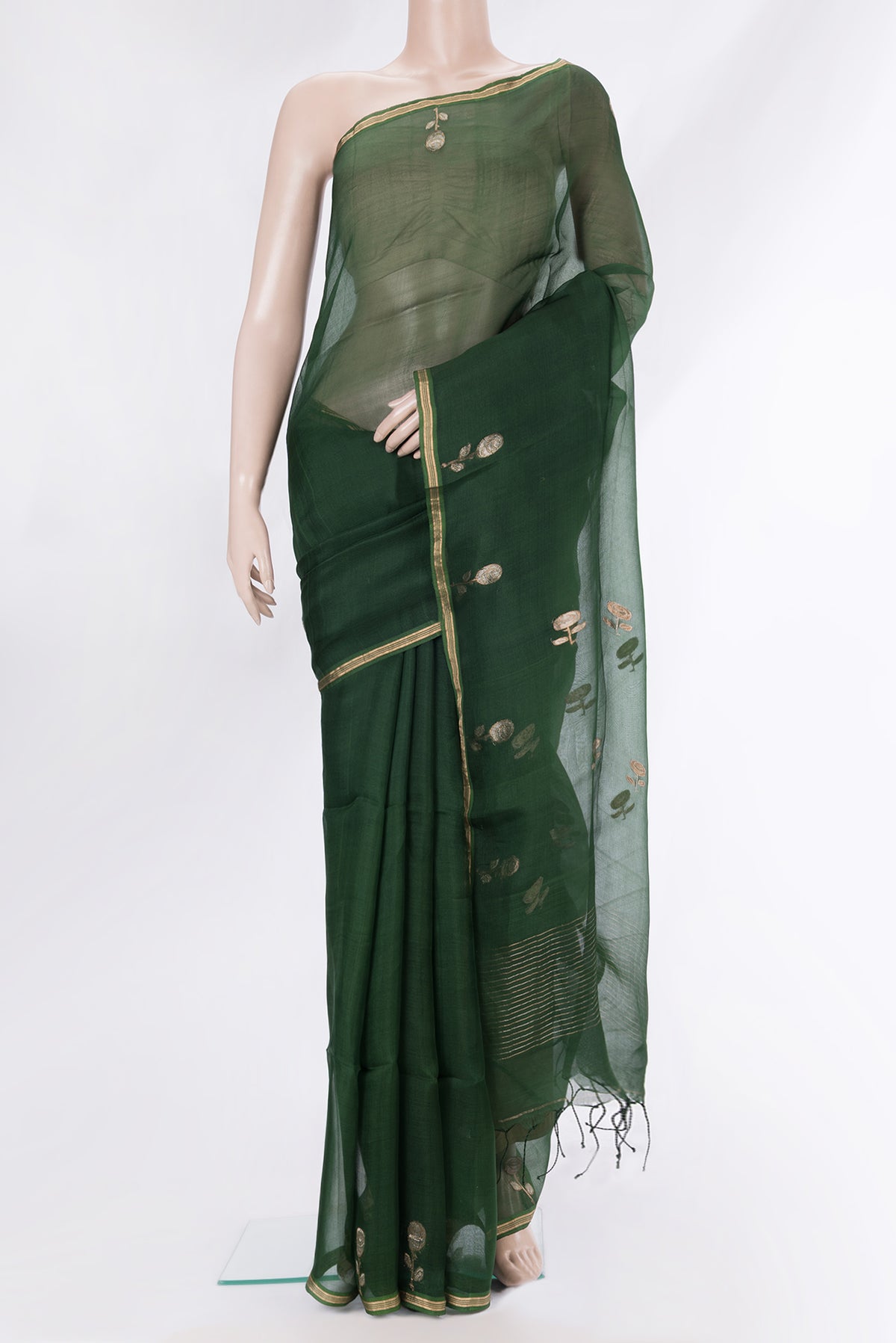 Pure Silk Bottle Green Dual Tone Tussar Saree with Plain Body and Fancy Border.  displayed on a mannequin