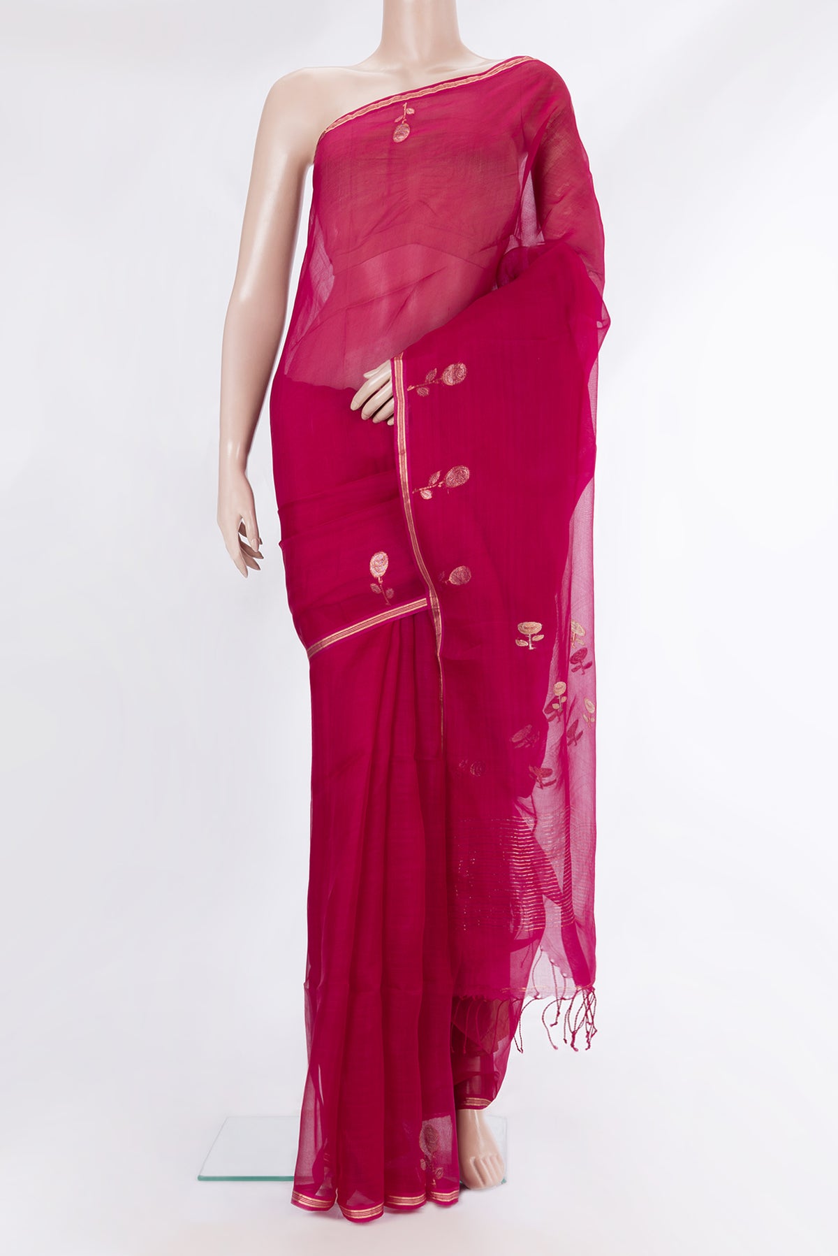 Pure Silk Dark Pink Dual Tone Tussar Saree with Plain Body and Fancy Border.  displayed on a mannequin