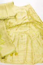 Flat lay of Light Green Banarasi Silk Womens Lehenga set featuring Zari Brocade Choli paired with Light Green Zari Brocade Skirt with Zari Border and a Zari Butta dupatta in Light Green