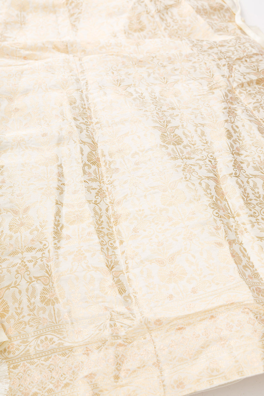 Detailed shot of Sandal Banarasi Silk Womens Lehenga set featuring Zari Brocade Choli paired with Sandal Zari Brocade Skirt with Zari Border and a Zari Brocade dupatta in Sandal