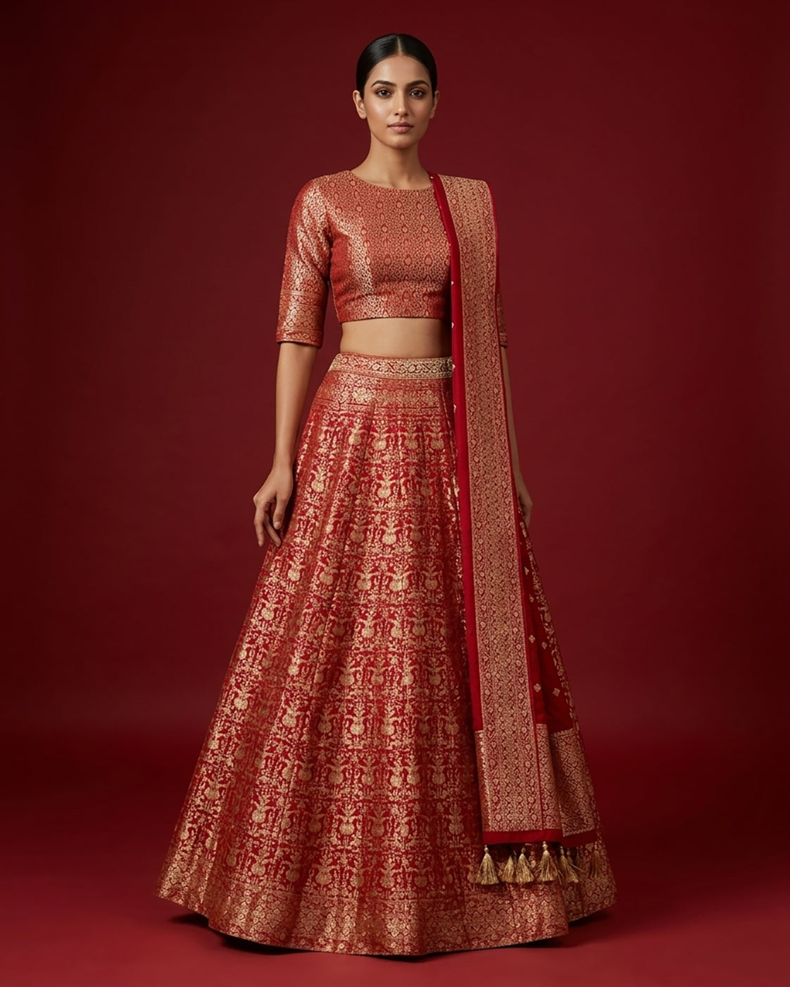 Imperial Pink Banarasi Silk Womens Lehenga set featuring Zari Brocade Choli paired with Imperial Pink Zari Brocade Skirt with Zari Border and a Zari Butta dupatta in Imperial Pink