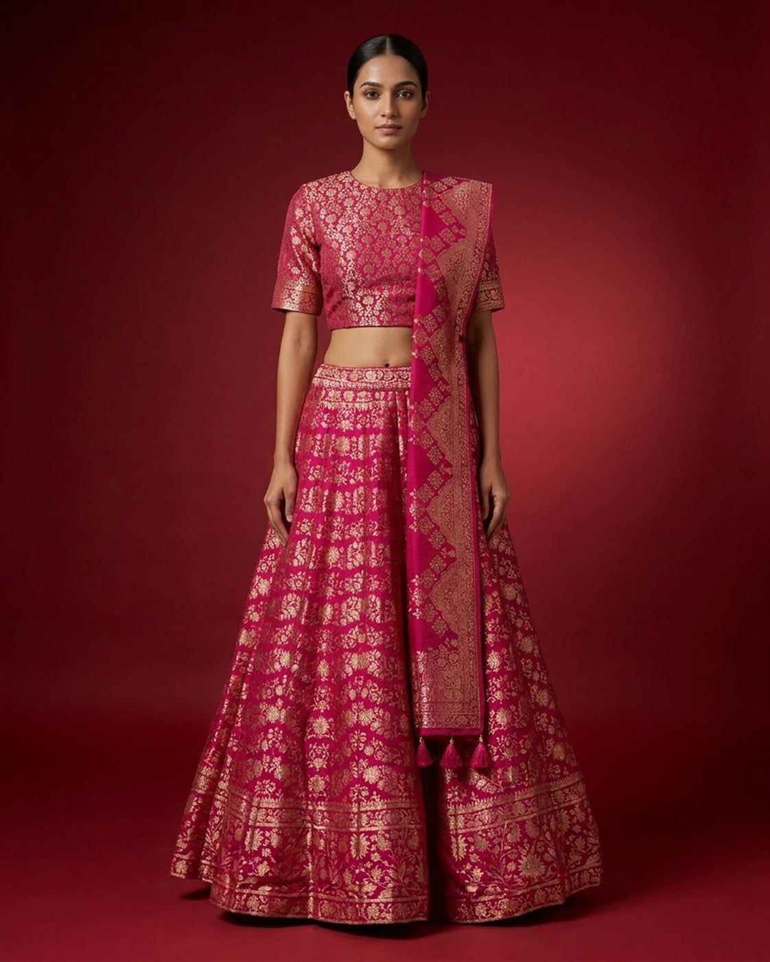 Dark Pink Banarasi Silk Womens Lehenga set featuring Zari Brocade Choli paired with Dark Pink Zari Brocade Skirt with Zari Border and a Zari Butta dupatta in Dark Pink