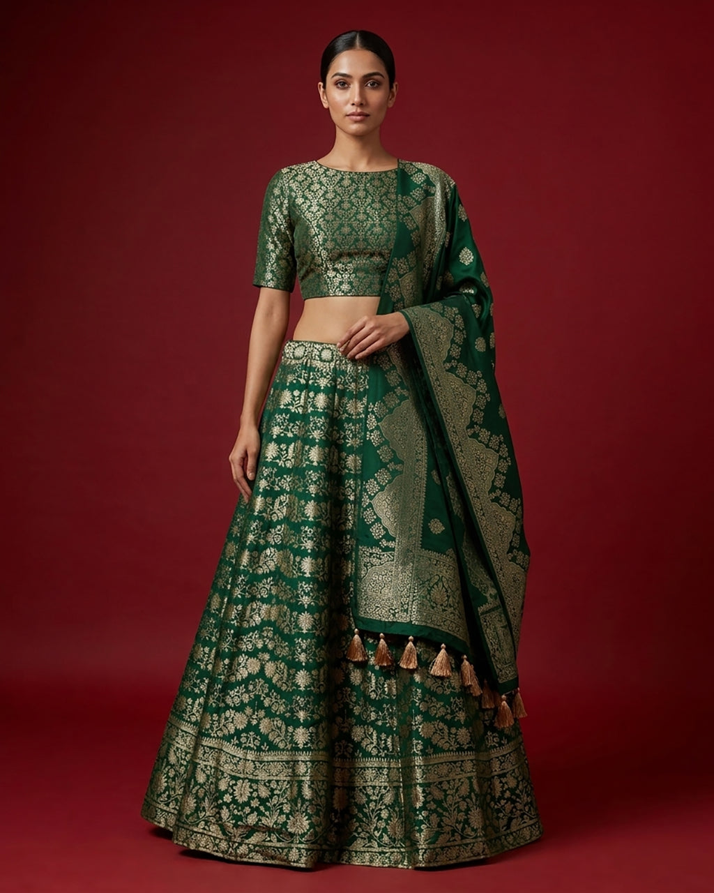Green Banarasi Silk Womens Lehenga set featuring Zari Brocade Choli paired with Green Zari Brocade Skirt with Zari Border and a Zari Butta dupatta in Green