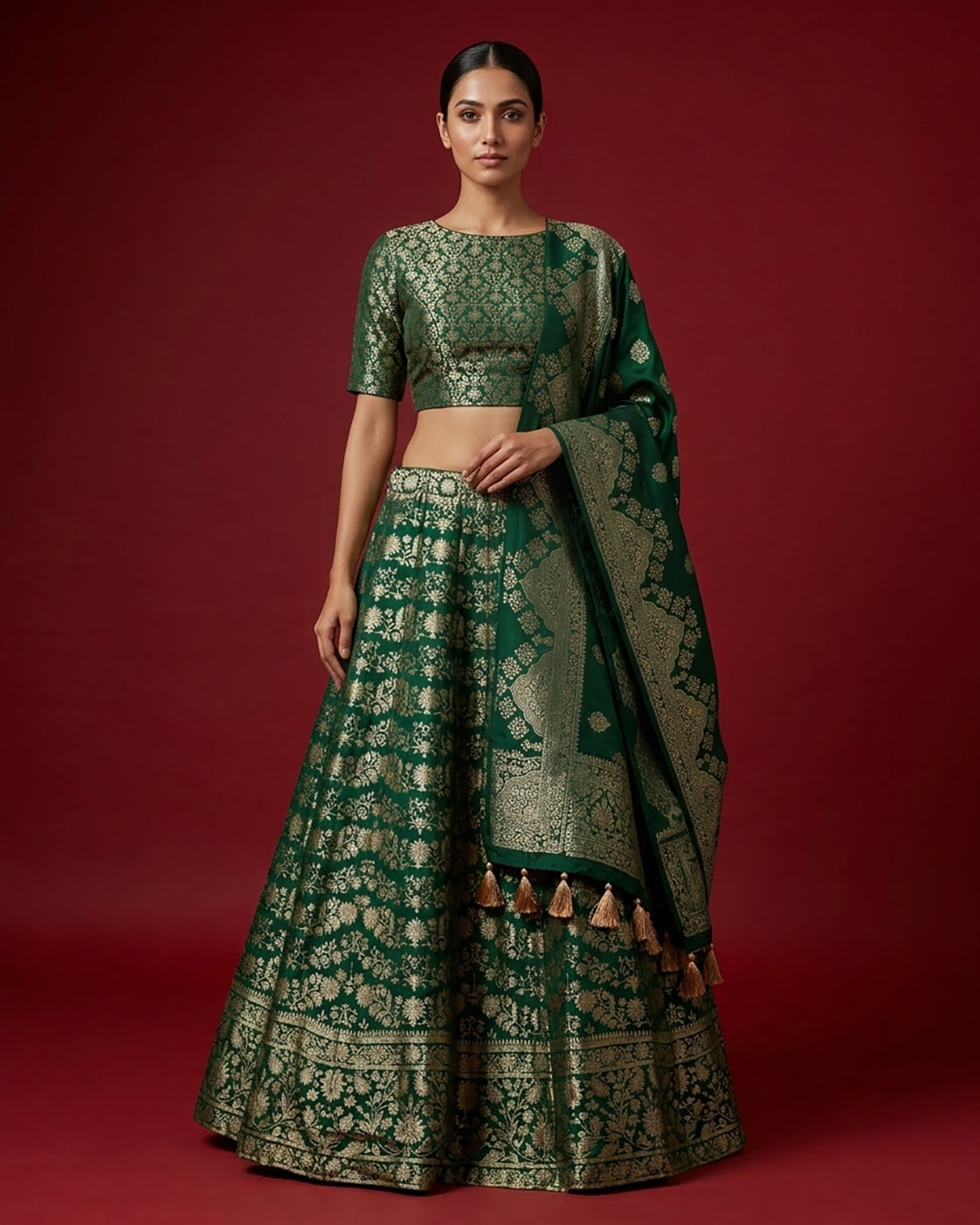 Green Banarasi Silk Womens Lehenga set featuring Zari Brocade Choli paired with Green Zari Brocade Skirt with Zari Border and a Zari Butta dupatta in Green
