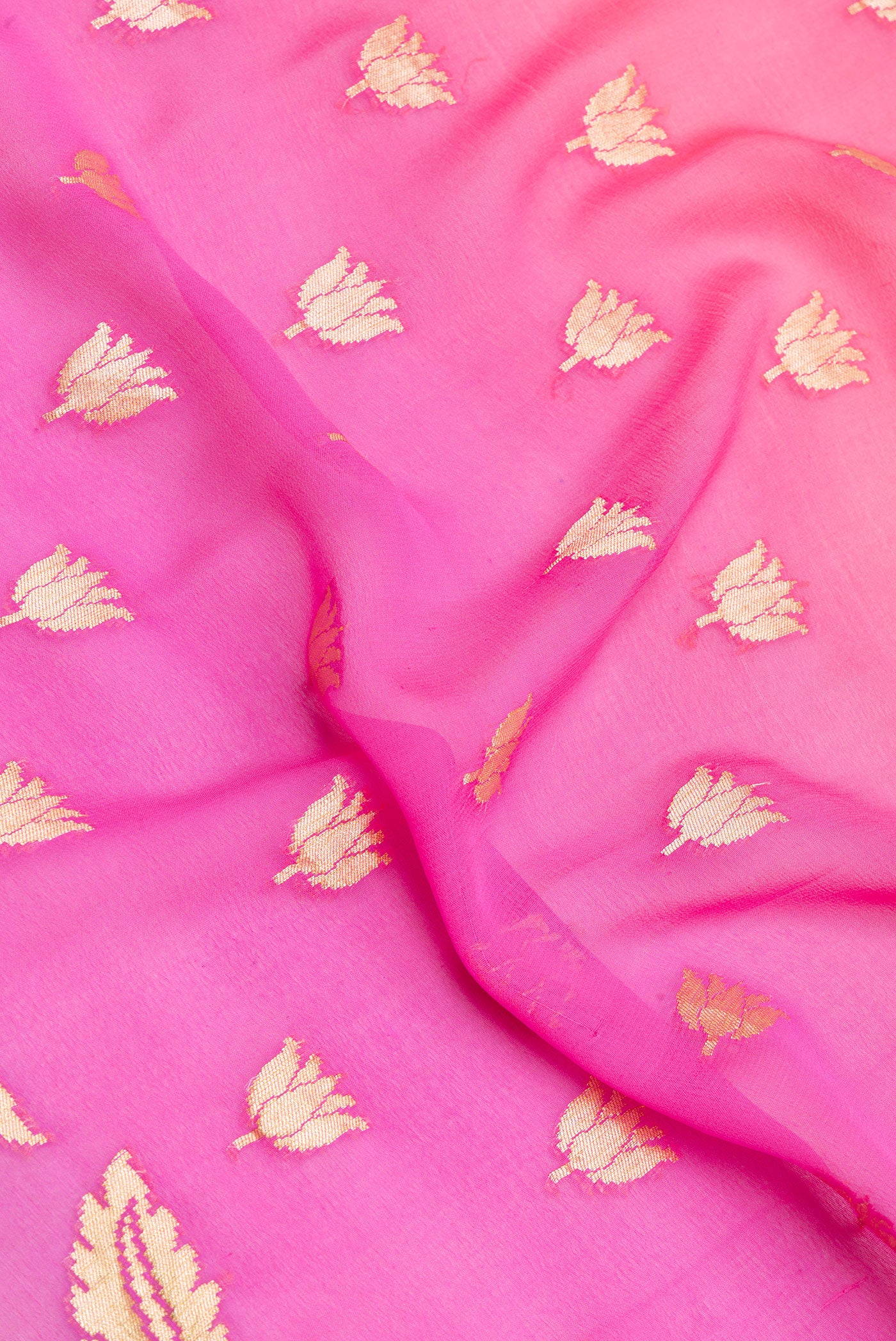 Close up of Pink Banarasi Georgette Saree with Zari Butta on the body and Fancy Border.  displaying folds