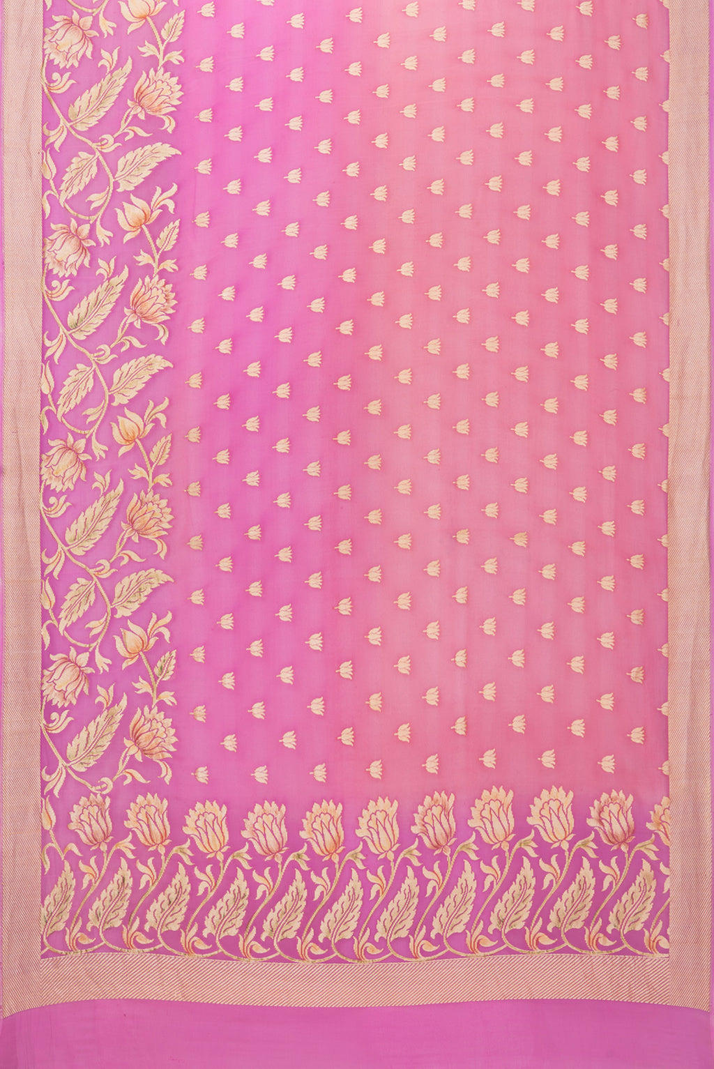 Flat view of Pink Banarasi Georgette Saree with Zari Butta on the body and Fancy Border. 