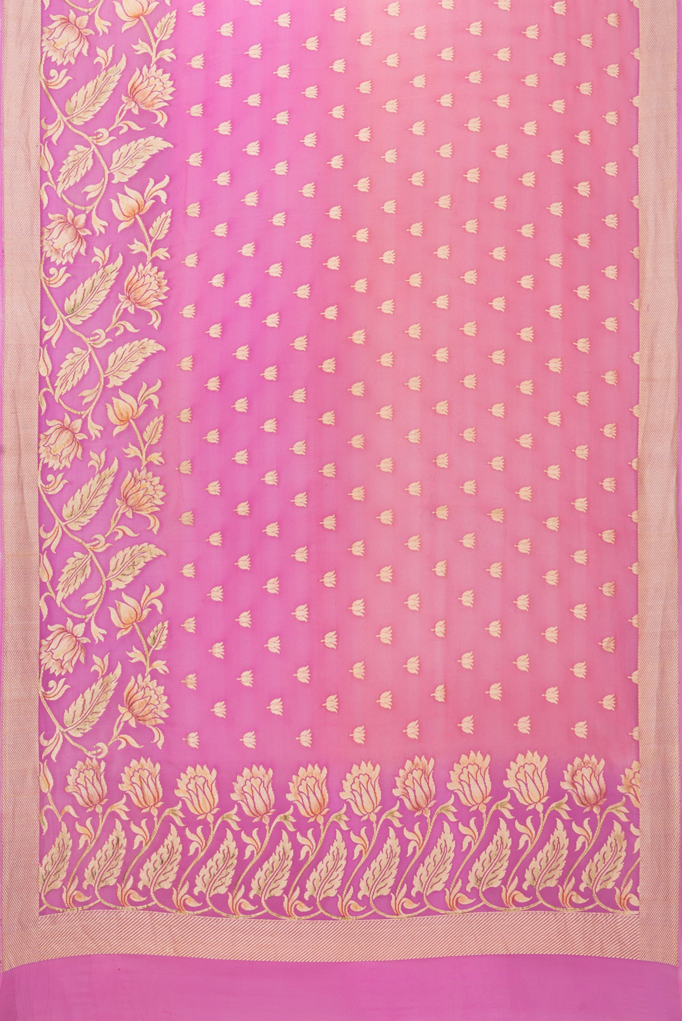 Flat view of Pink Banarasi Georgette Saree with Zari Butta on the body and Fancy Border. 