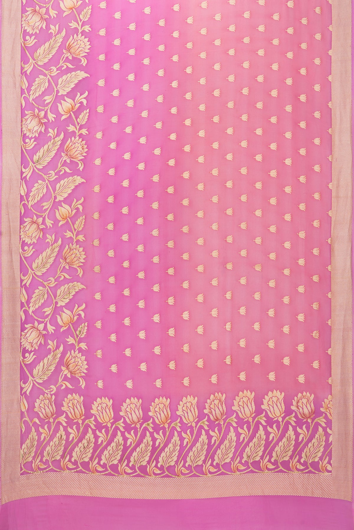 Flat view of Pink Banarasi Georgette Saree with Zari Butta on the body and Fancy Border. 