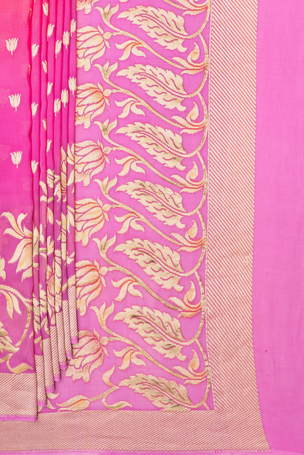 Pleats and pallu of Pink Banarasi Georgette Saree with Zari Butta on the body and Fancy Border. 