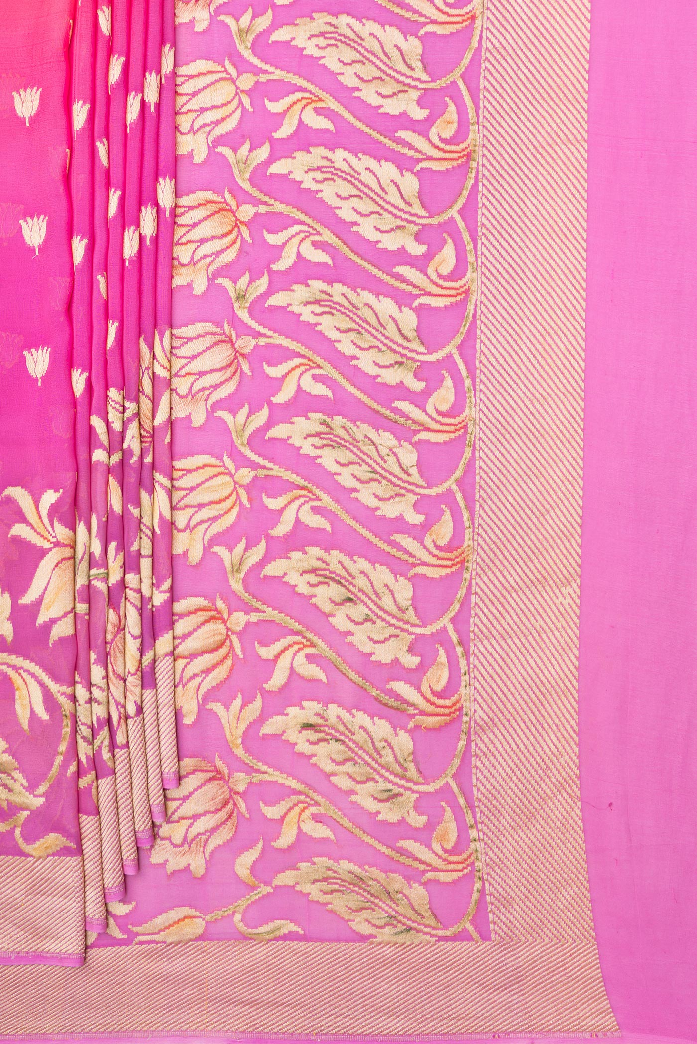 Pleats and pallu of Pink Banarasi Georgette Saree with Zari Butta on the body and Fancy Border. 