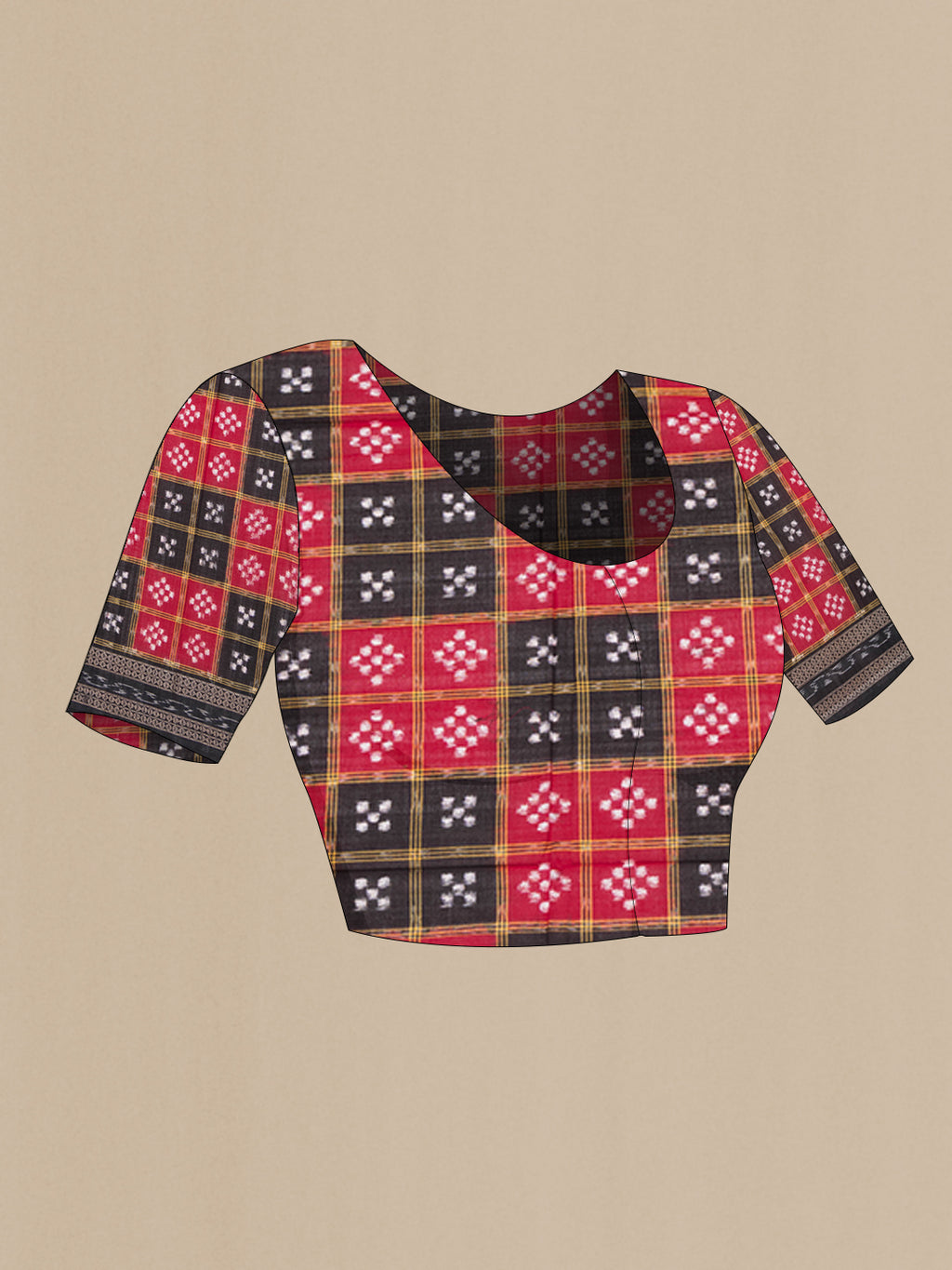 Close up image of the blouse of Multi Color Double Ikat Saree with Printed design on the body and Thread Border. 