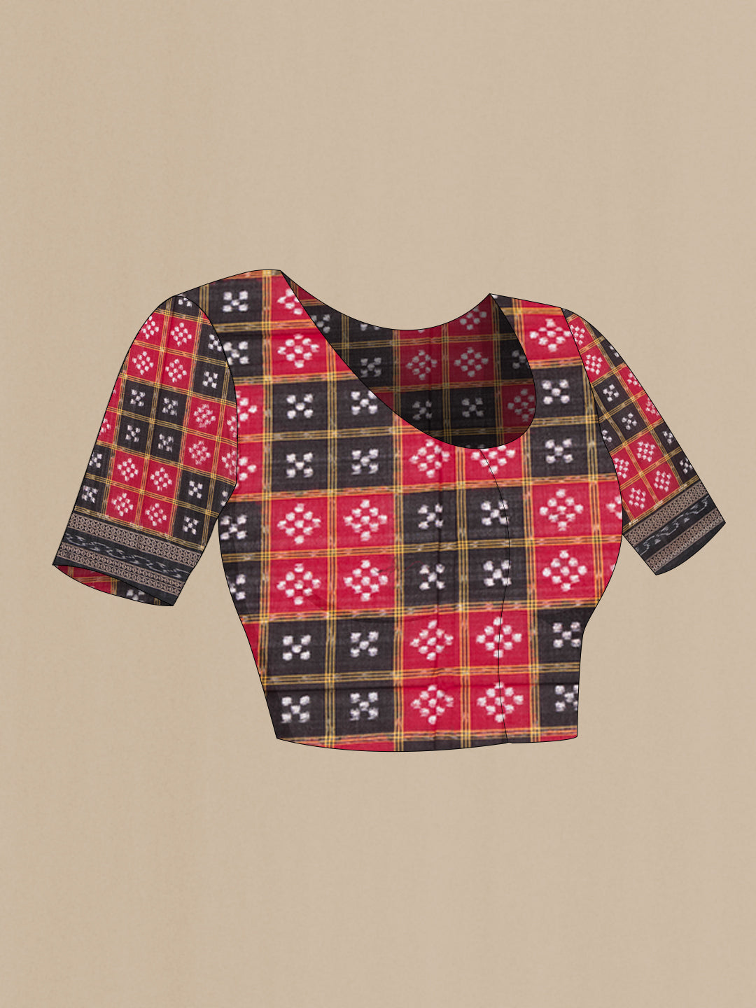 Close up image of the blouse of Multi Color Double Ikat Saree with Printed design on the body and Thread Border. 