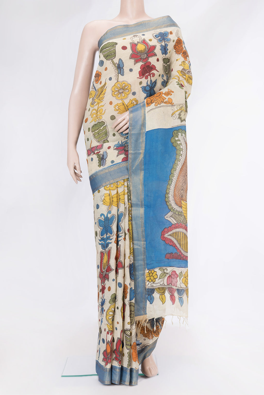 Beige Dual Tone Tussar Silk Saree with kalamkari Print on the body and Zari Border.  displayed on a mannequin