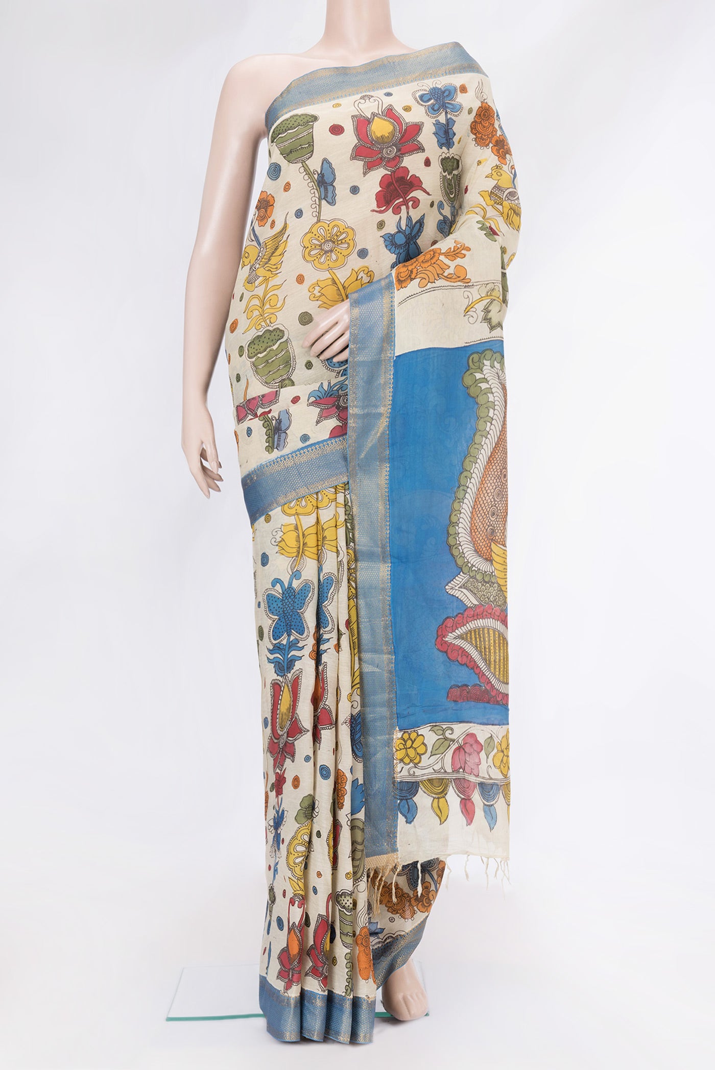 Beige Dual Tone Tussar Silk Saree with kalamkari Print on the body and Zari Border.  displayed on a mannequin
