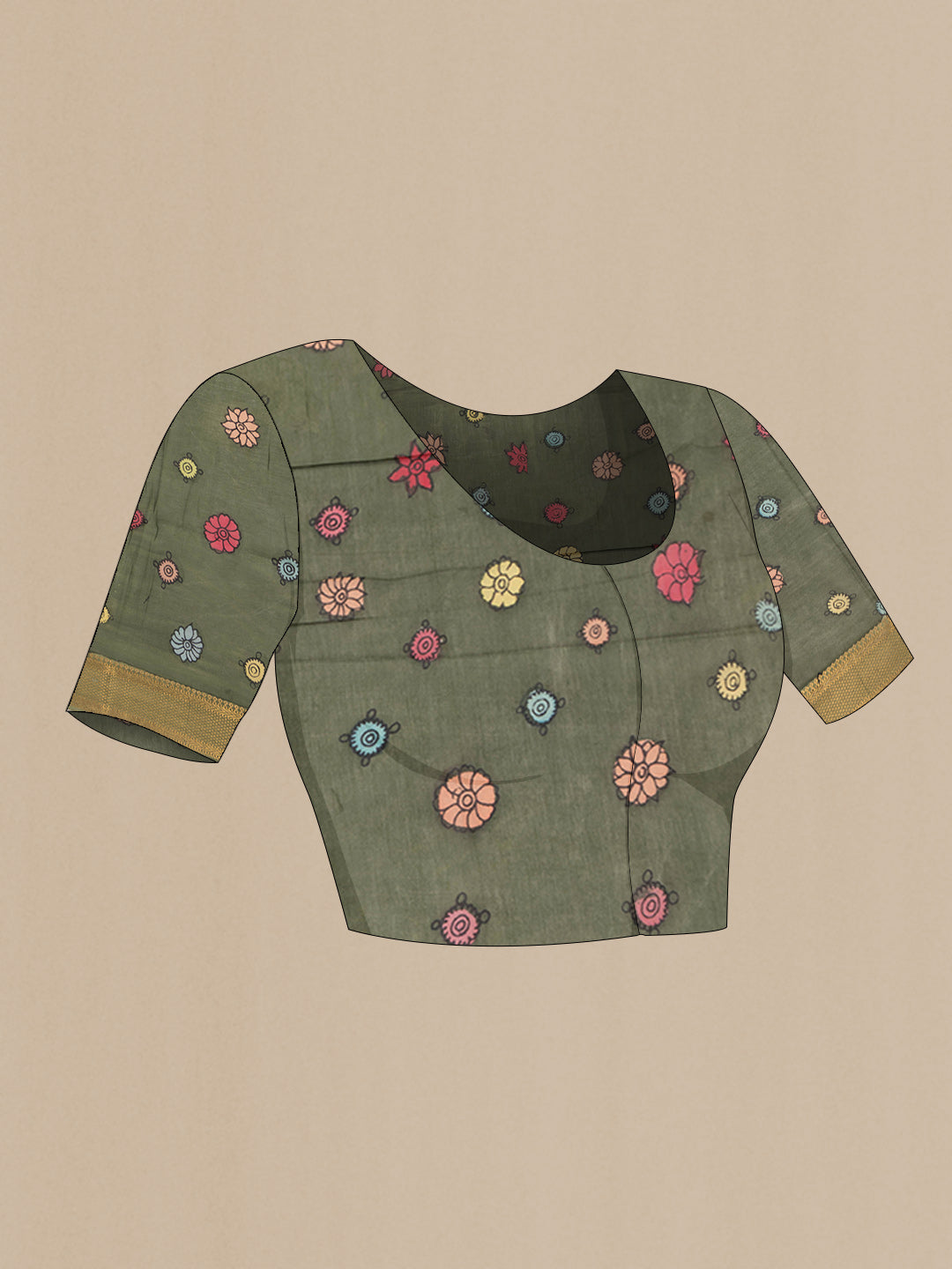 Close up image of the blouse of Peach Dual Tone Tussar Saree with kalamkari Print on the body and Zari Border. 