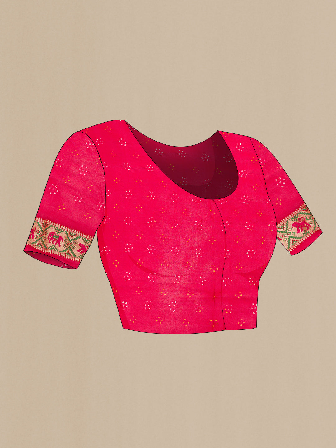 Close up image of the blouse of Red Dual Tone Banarasi Georgette Saree with Bandhani Print on the body and Fancy Border. 