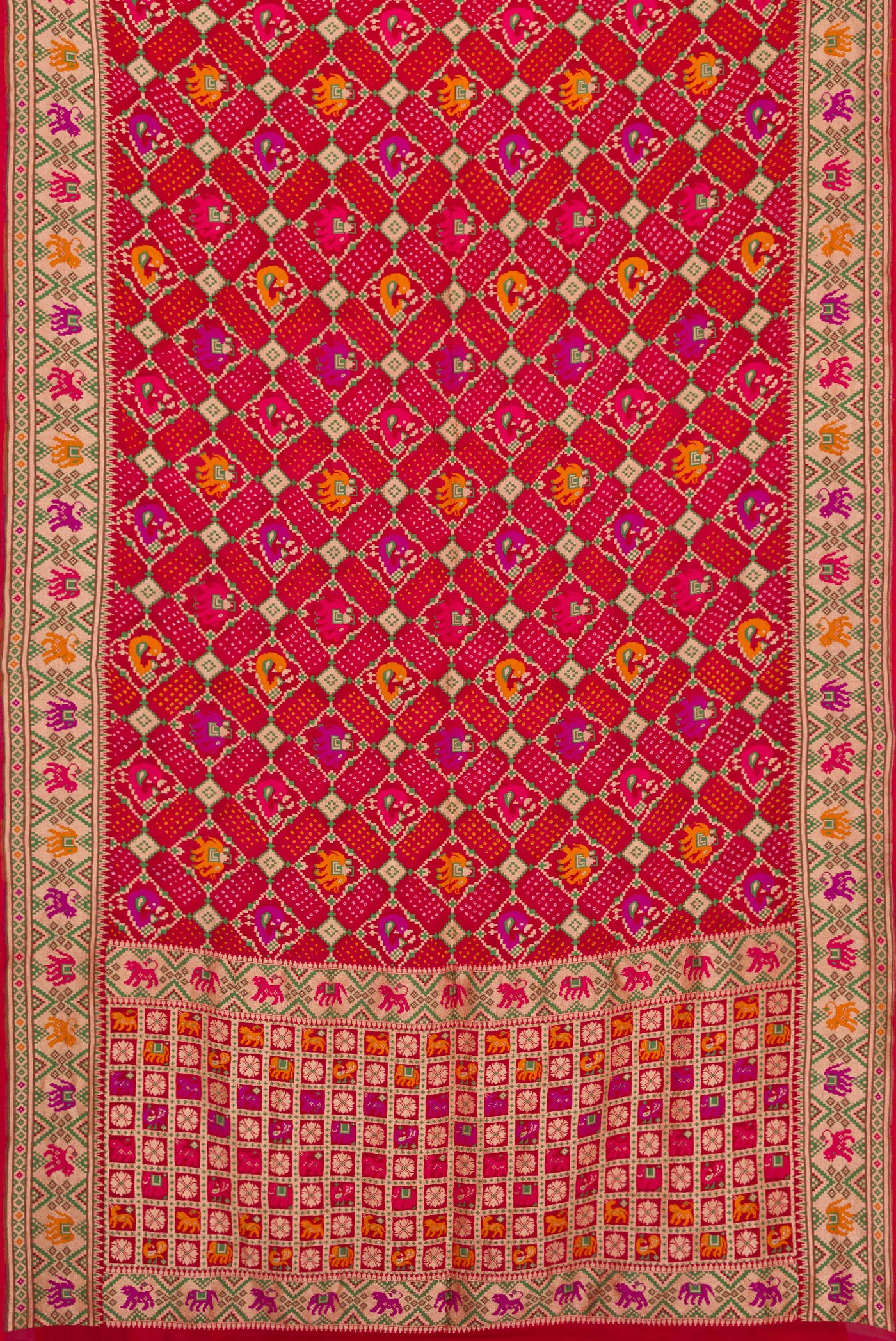 Flat view of Red Dual Tone Banarasi Georgette Saree with Bandhani Print on the body and Fancy Border. 