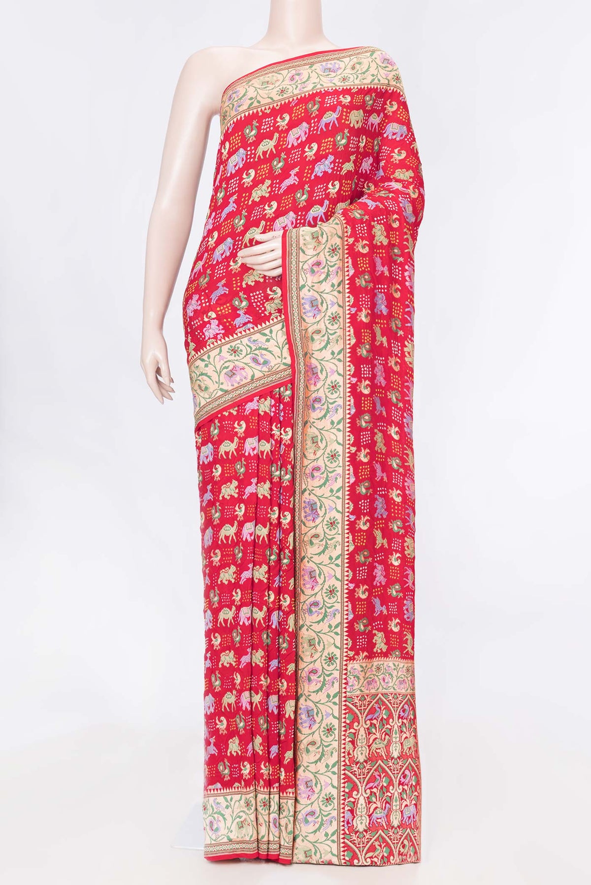 Red Dual Tone Banarasi Georgette Saree with Zari Brocade on the body and Zari Border displayed on a mannequin
