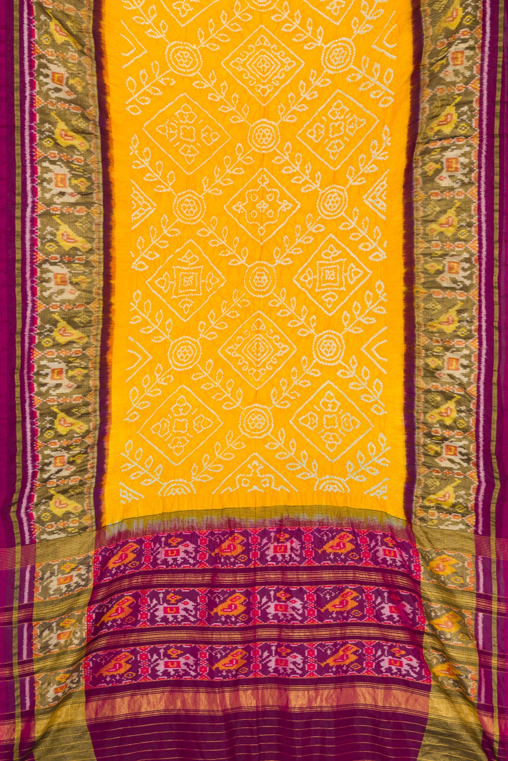 Flat view of Yellow Dual Tone Bandhani Silk Saree with Bandhani Print on the body and Ikat Border. 