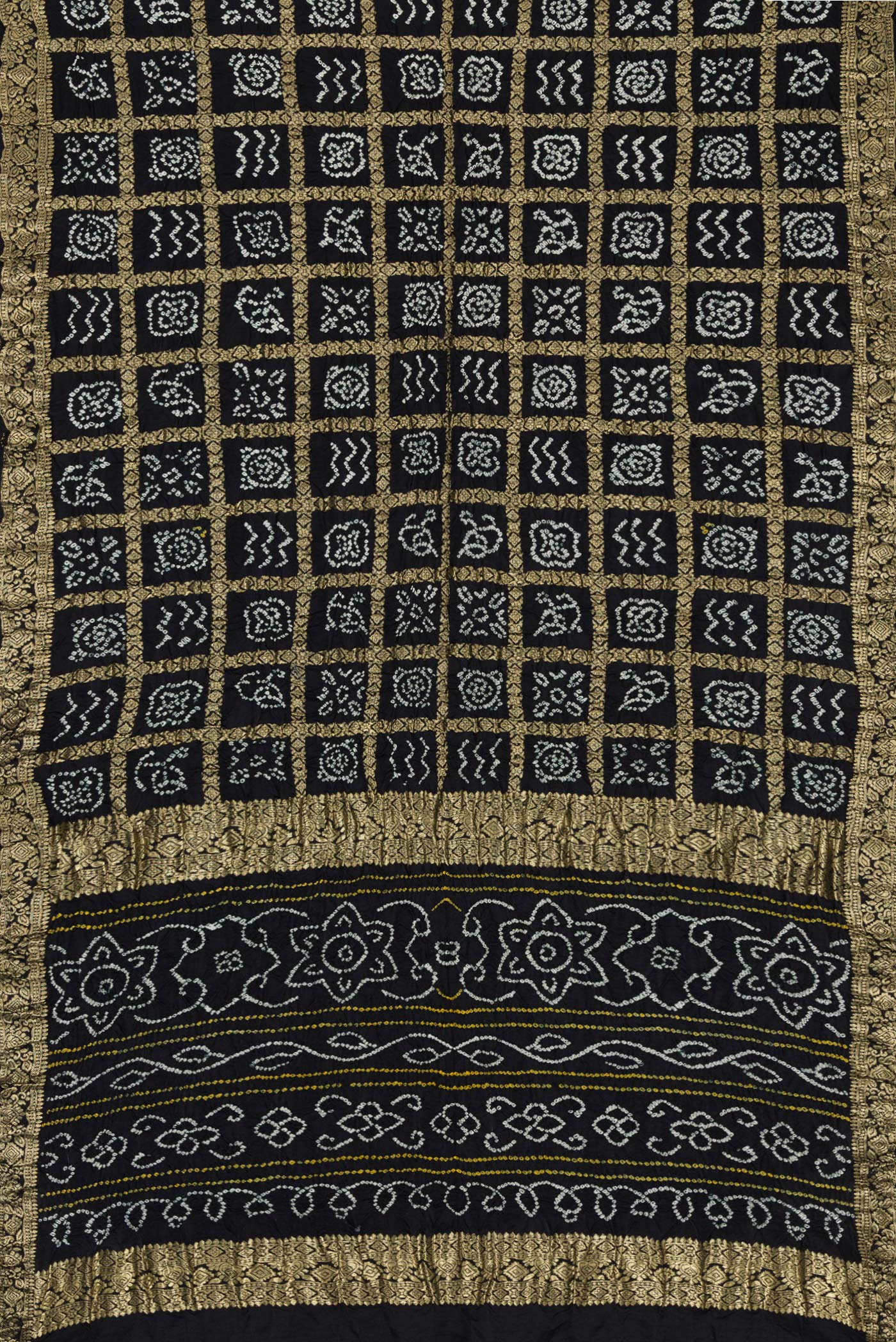 Flat view of Black Dual Tone Bandhani Silk Saree with Bandhani Print on the body and Zari Border. 