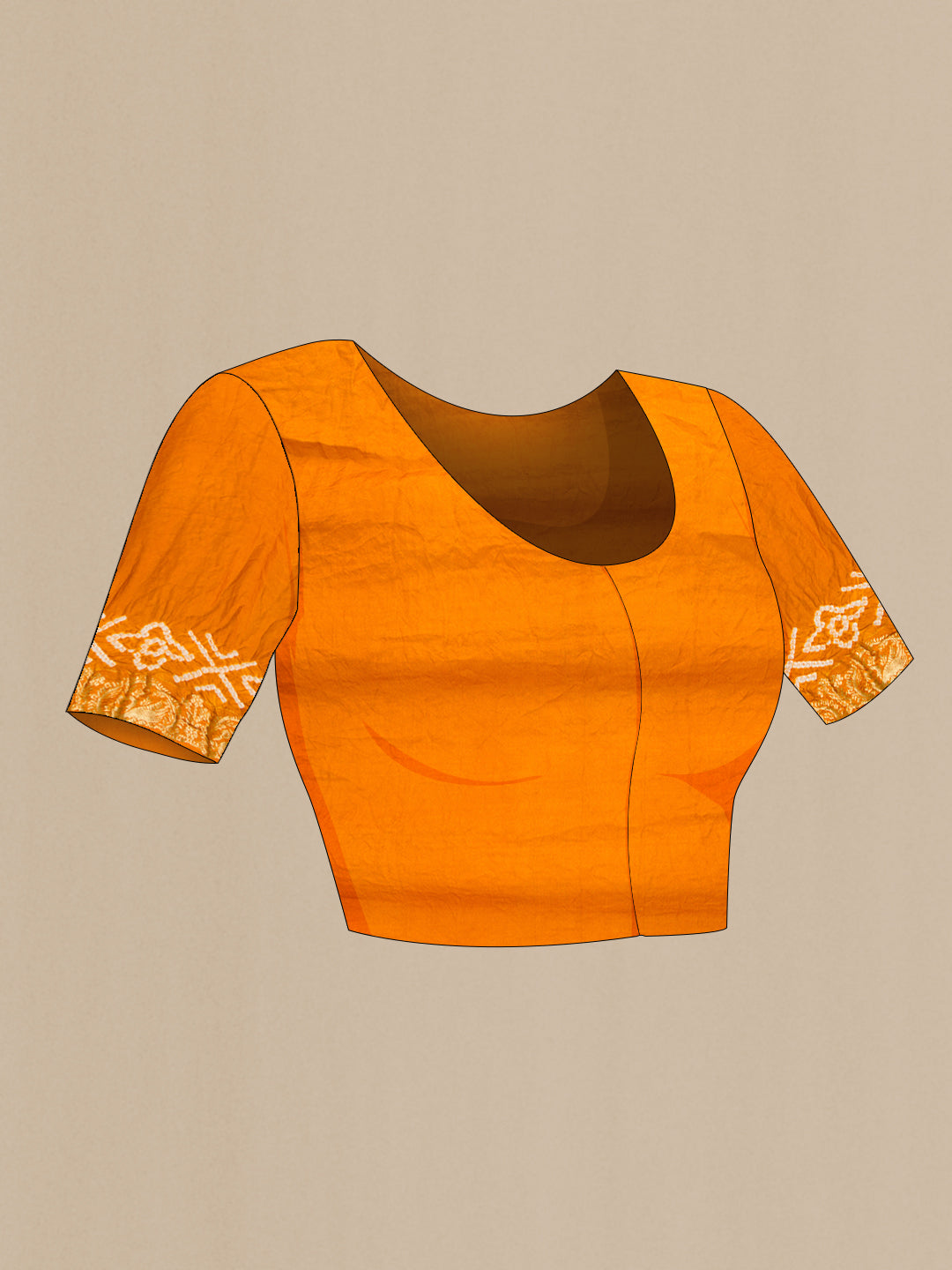 Close up image of the blouse of Mustard Dual Tone Bandhani Silk Saree with Bandhani Print on the body and Zari Border. 