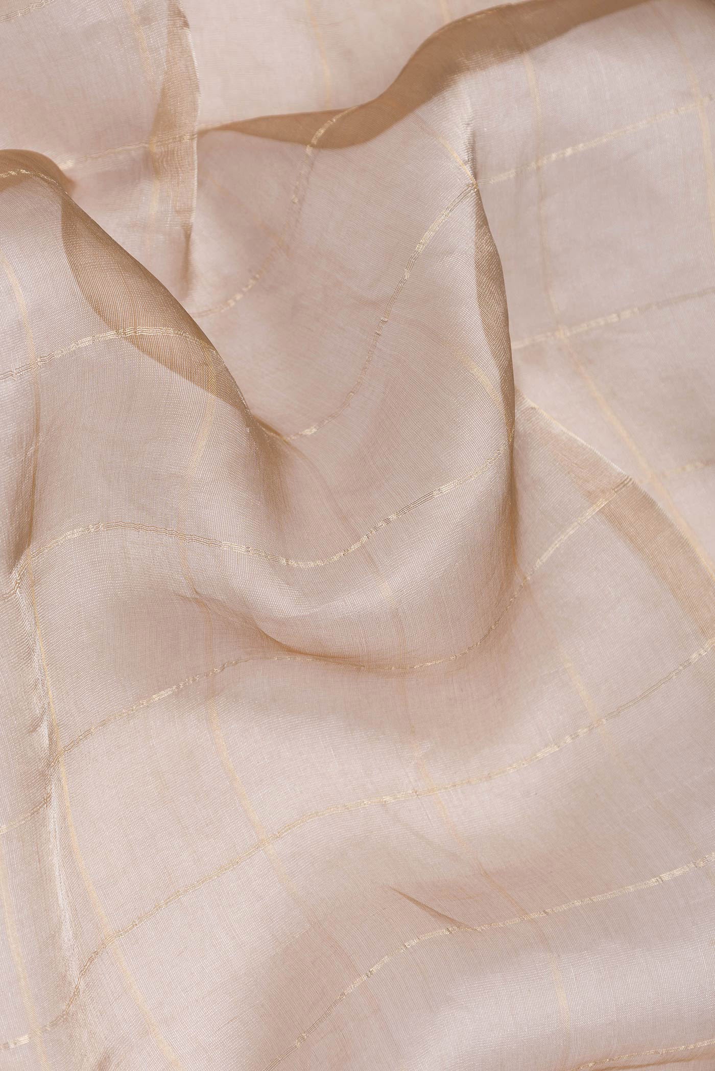 Close up of Gold Dual Tone Organza Silk Saree with Checked design on the body and Zari Border.  displaying folds