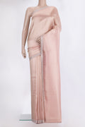 Peach Dual Tone Blended Banarasi Silk Saree with Zari Brocade on the body and Embroidered Border.  displayed on a mannequin