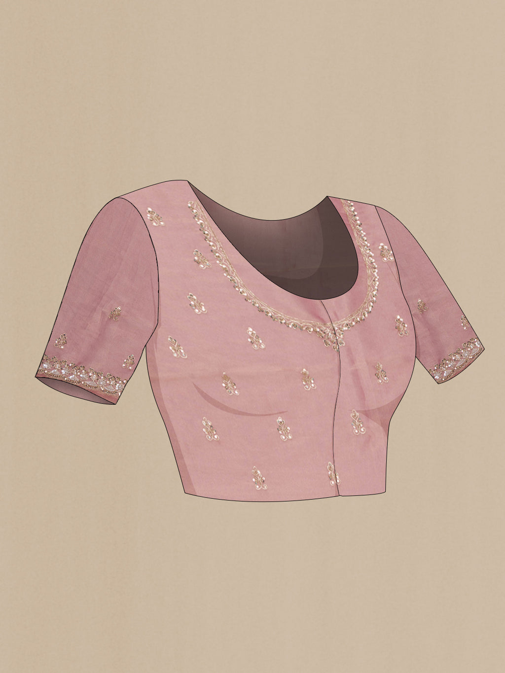 Close up image of the blouse of Pink Dual Tone Organza Saree with Embroidery on the body and Embroidery Border. 