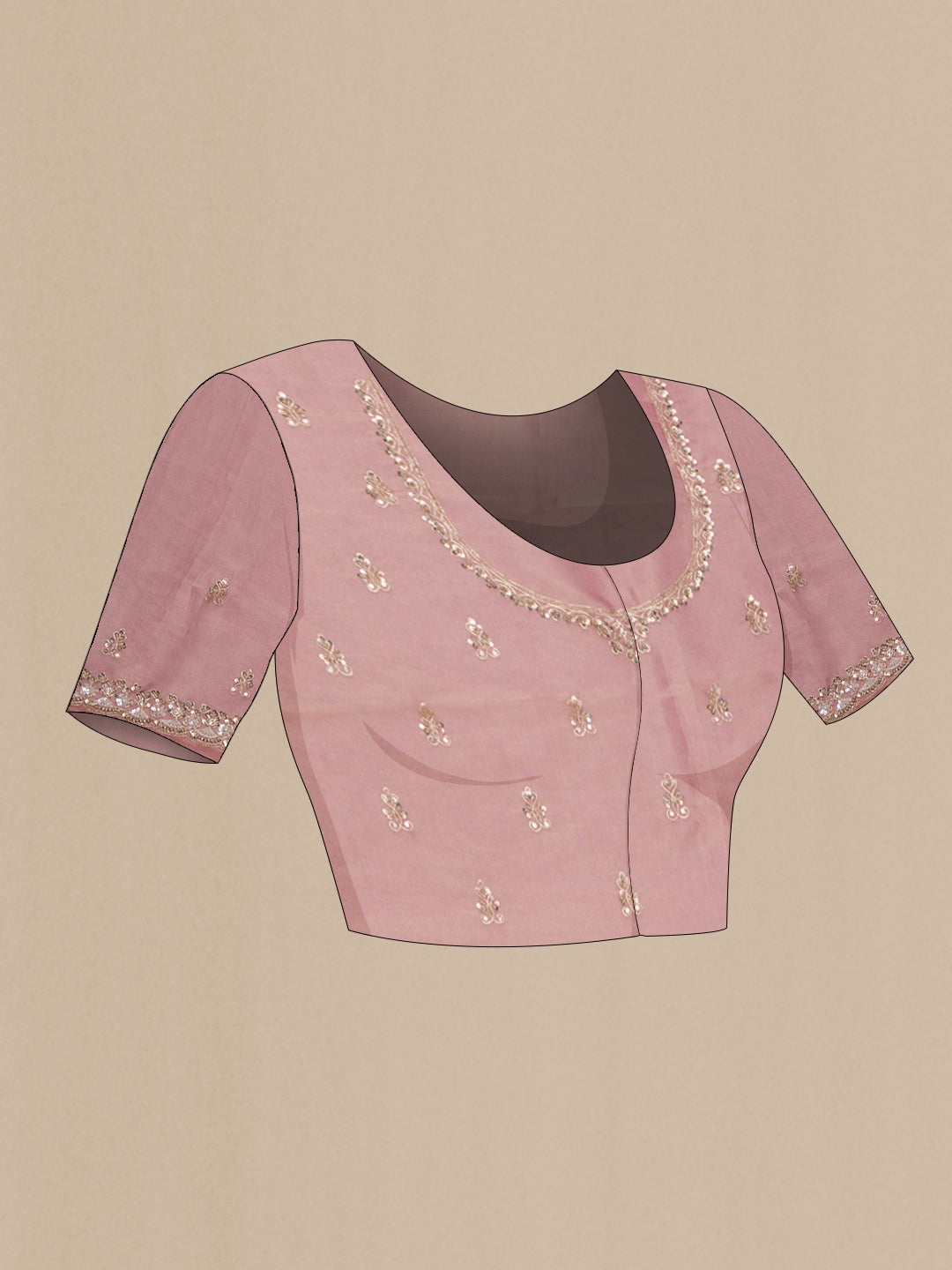 Close up image of the blouse of Pink Dual Tone Organza Saree with Embroidery on the body and Embroidery Border. 