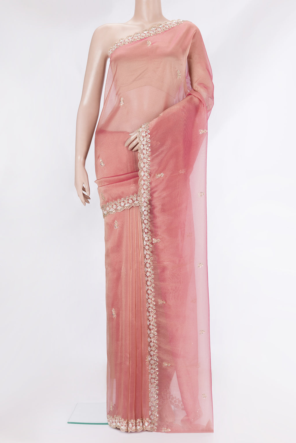 Pink Dual Tone Organza Saree with Embroidery on the body and Embroidery Border.  displayed on a mannequin
