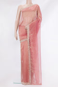 Pink Dual Tone Organza Saree with Embroidery on the body and Embroidery Border.  displayed on a mannequin