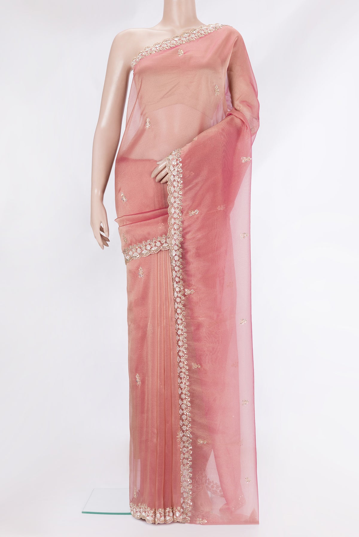 Pink Dual Tone Organza Saree with Embroidery on the body and Embroidery Border.  displayed on a mannequin