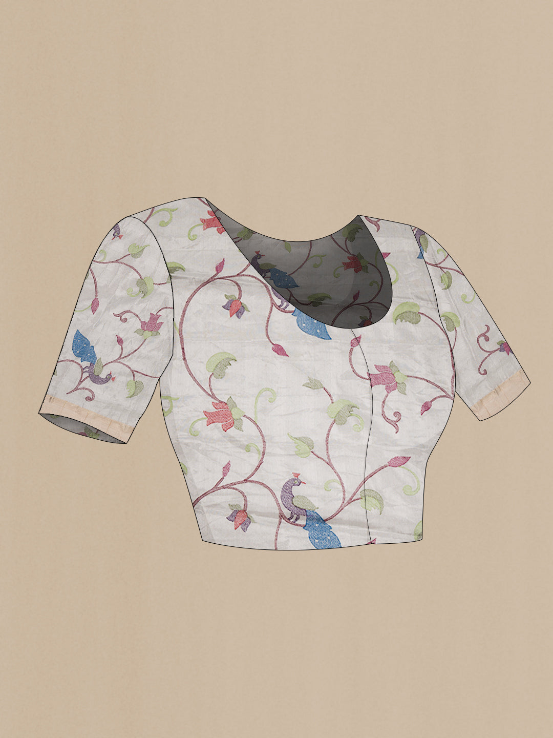 Close up image of the blouse of Silver Dual Tone Organza Silk Saree with Checked design on the body and Zari Border. 