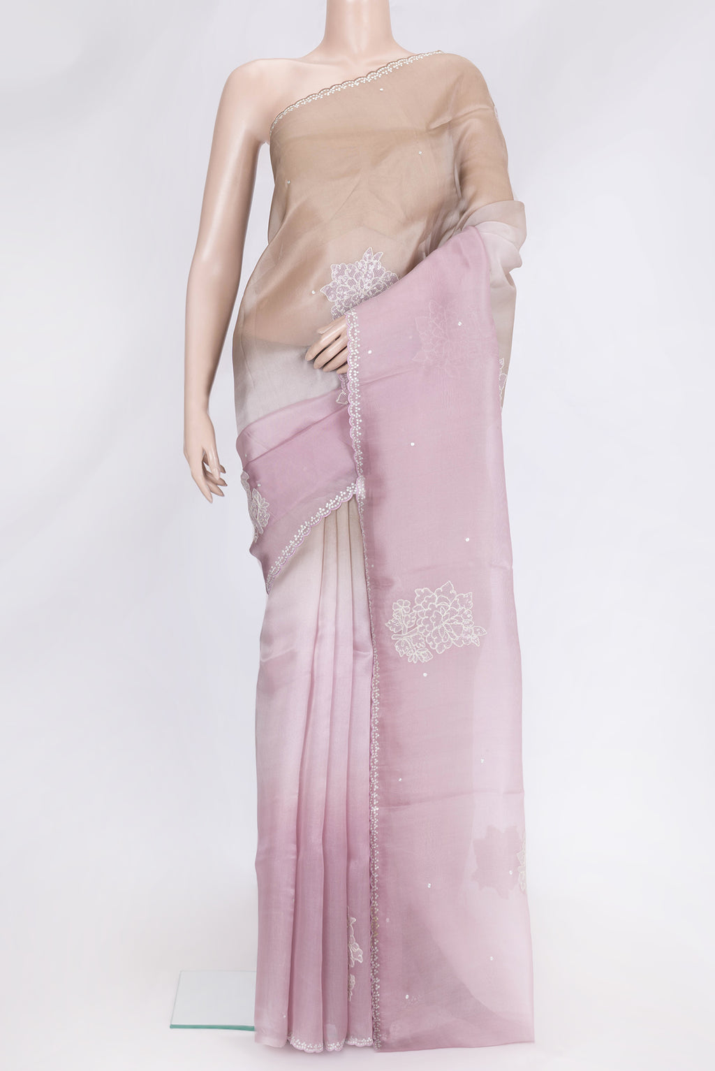 Rose pink Dual Tone Organza Silk Saree with Embroidery on the body and Embroidery Border.  displayed on a mannequin