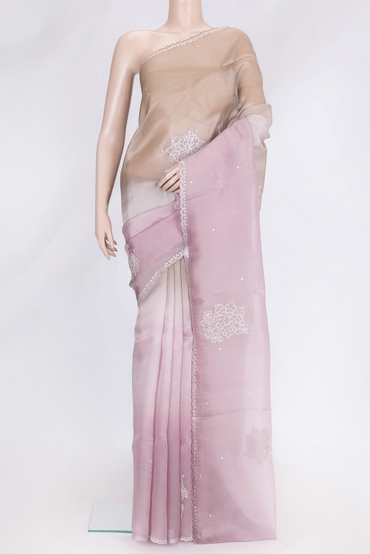 Rose pink Dual Tone Organza Silk Saree with Embroidery on the body and Embroidery Border.  displayed on a mannequin