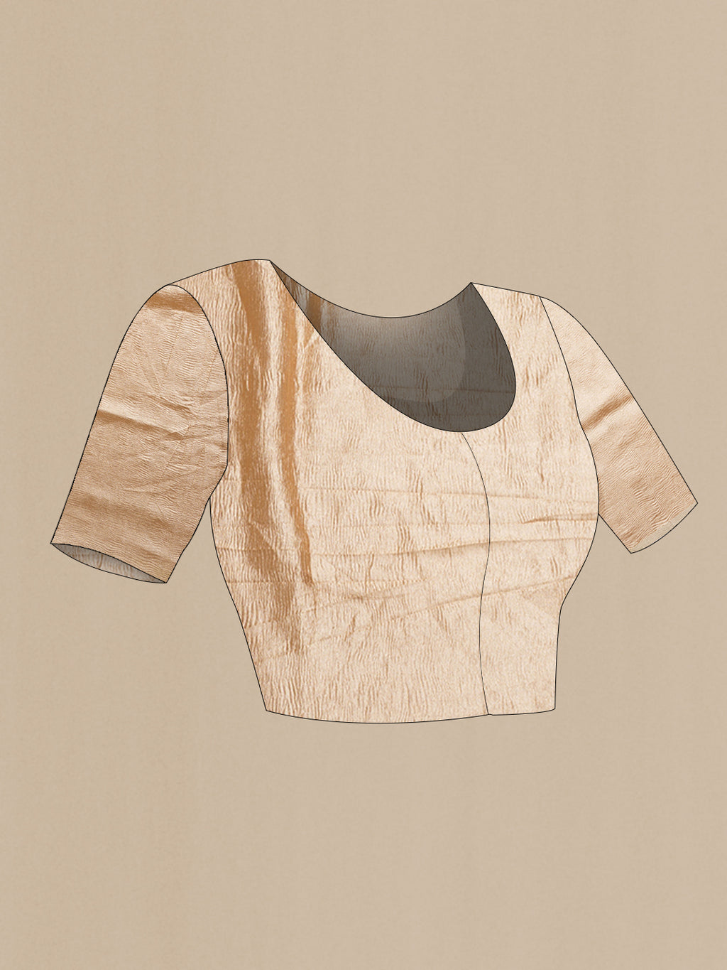 Close up image of the blouse of Sandal Tussar Silk Saree with Stripes on the body and Zari Border. 